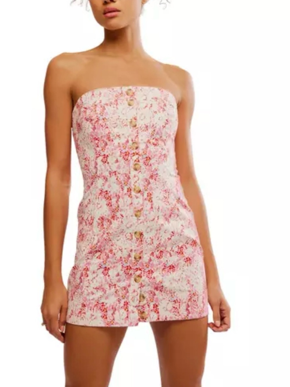 NWOT - Free People Pink Floral Strapless Button-Front Mini Dress